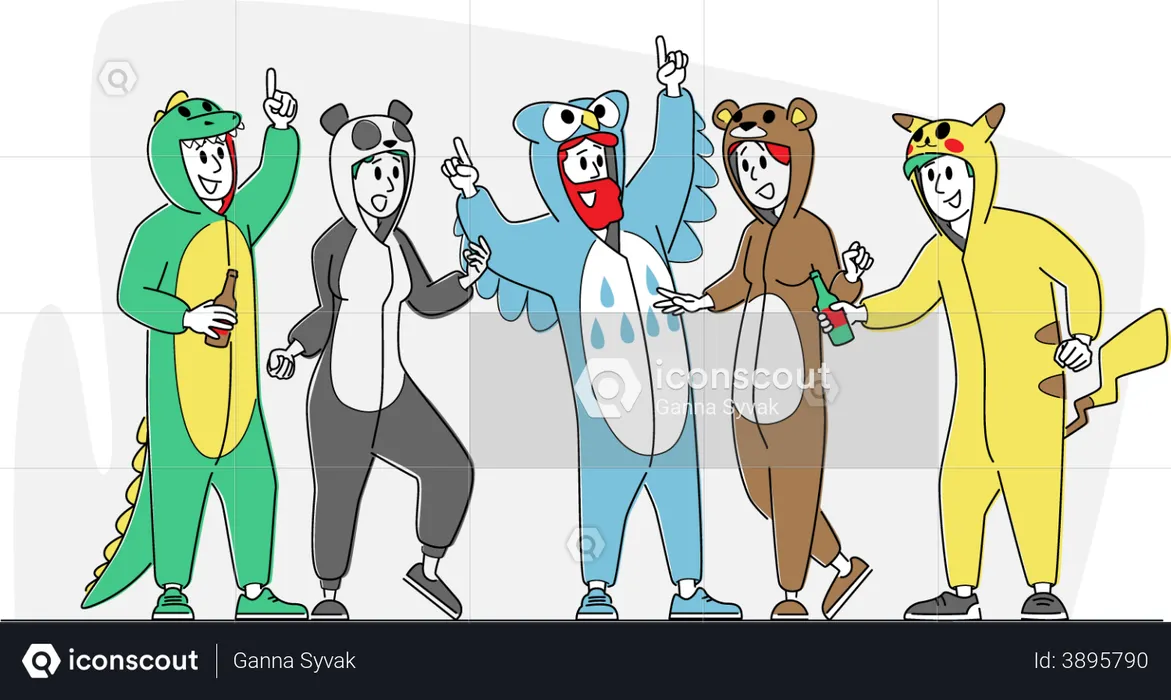 Friends wearing funny costume and having fun together  Illustration