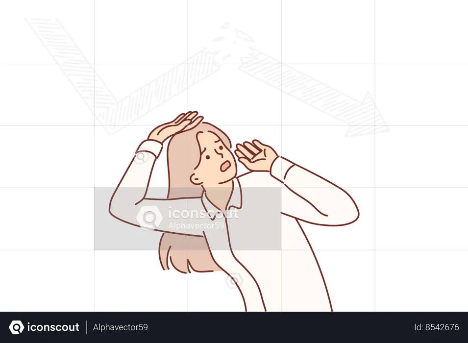 Frightened business woman sees crisis chart above head  Illustration