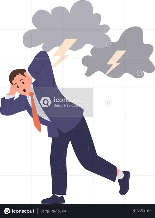 Frightened businessman in fear and panic suffering from thunderstorm phobia  Illustration