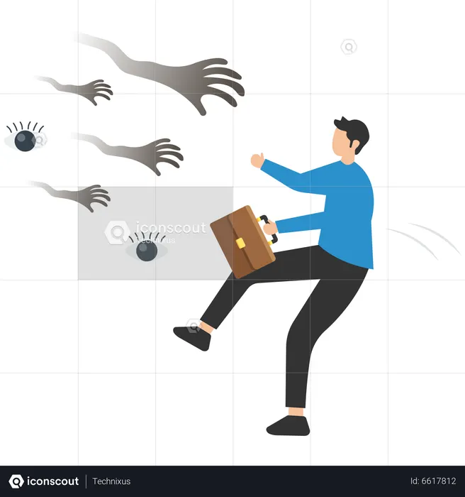 Frightened businessman running away from creepy monster hands  Illustration