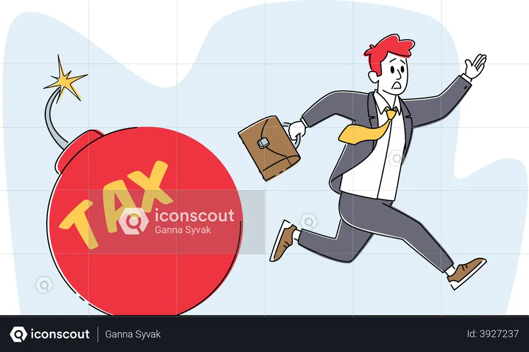 Frightened Businessman Running from Red Bomb with Burning Fuse and Tax Inscription  Illustration