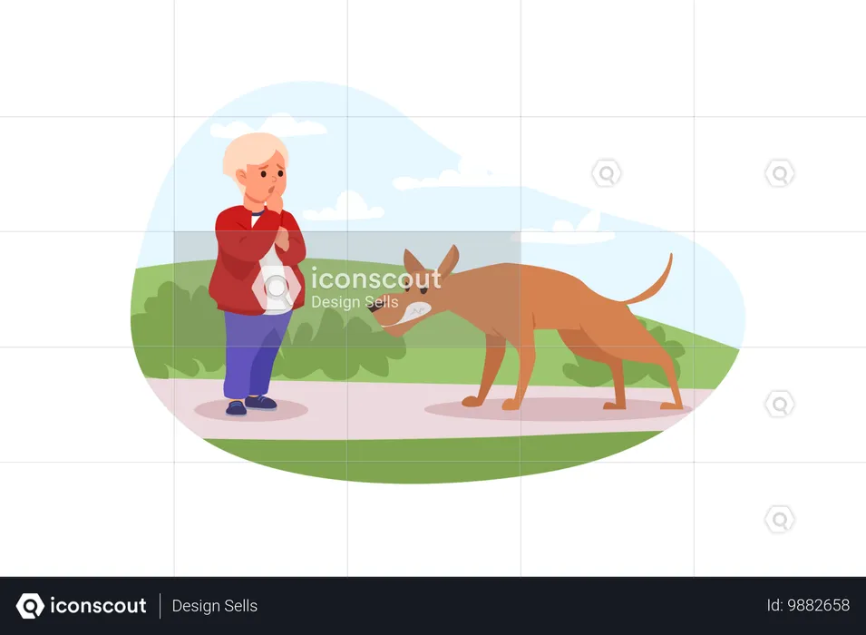 거리에서 공격적인 개에게 공격당하는 겁에 질린 아이  일러스트레이션