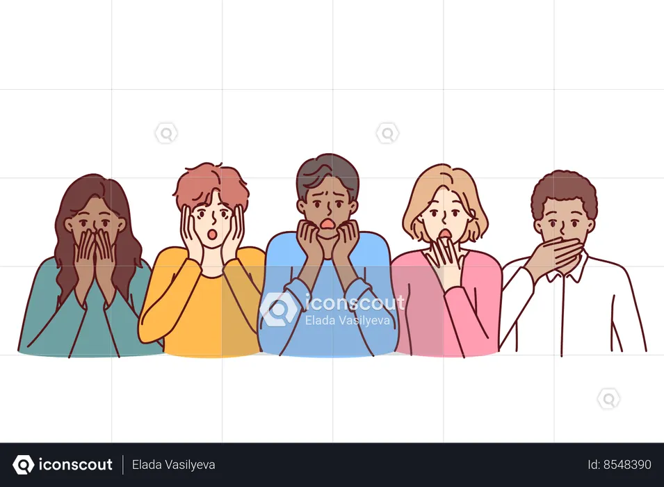 Frightened diverse people open mouths touch faces and experience shock and panic  Illustration