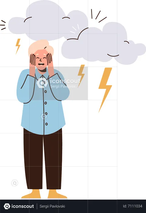 Frightened little boy afraid of thunderstorm covering ears from loud sound  Illustration