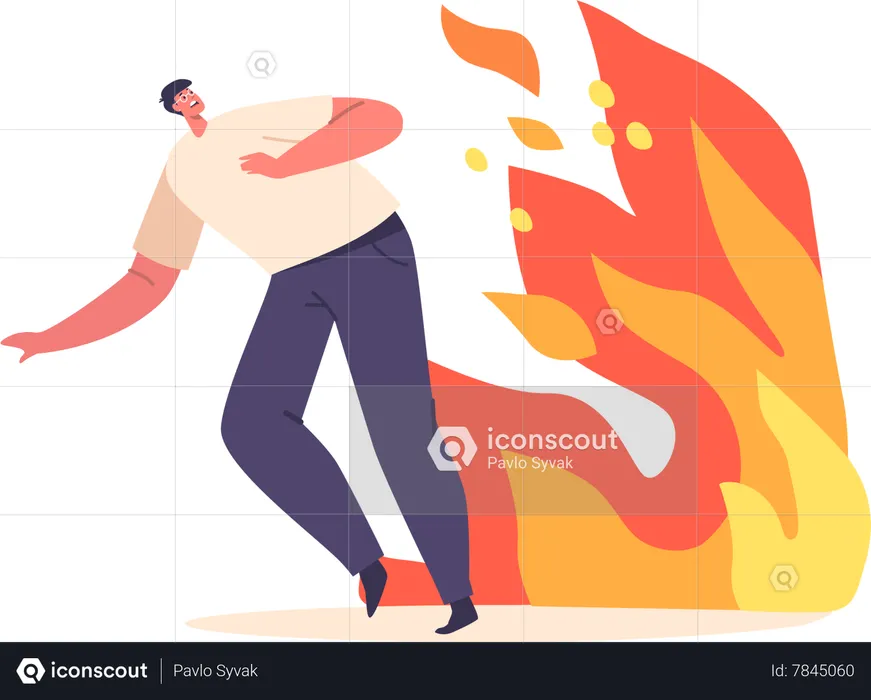 Frightened Male Character Escaping The Fire  Illustration