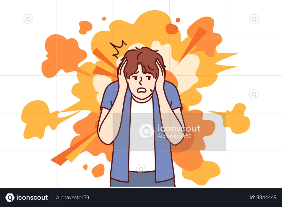 Frightened man gets scared by explosion and covers ears with hands to avoid stunning or concussion  Illustration