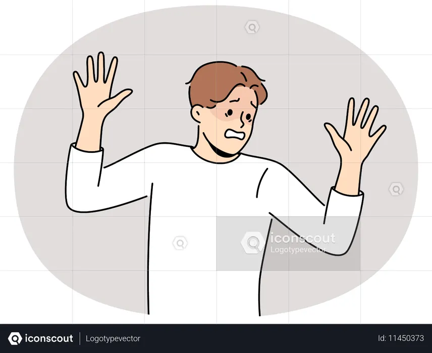 Frightened man raises hands in surrender and demonstrates obedience and refusal to resist  Illustration