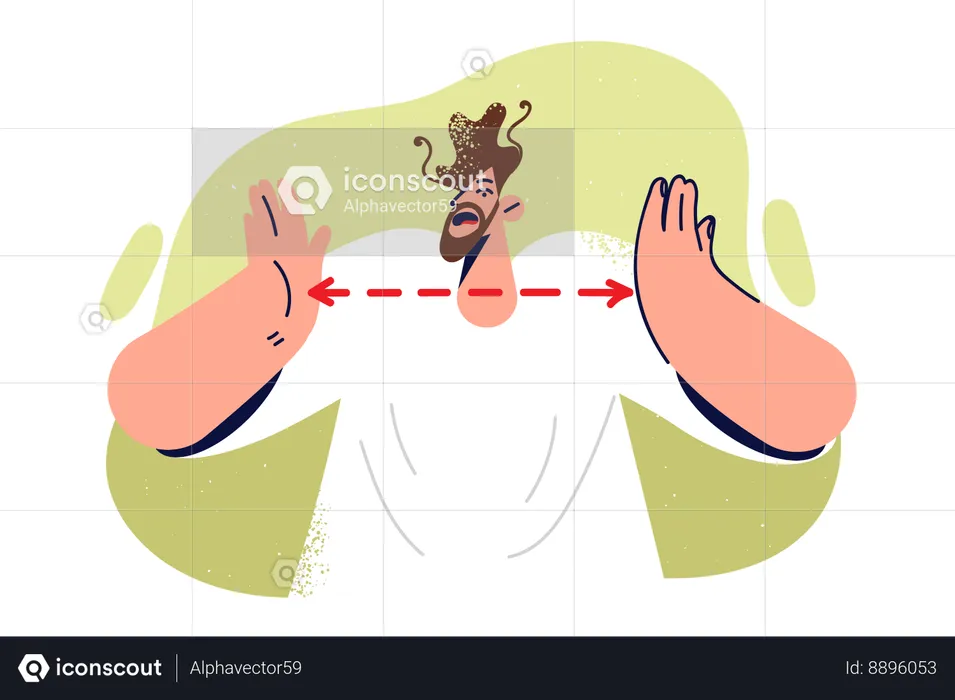 Frightened man throws up hands showing size of problems causing stress and frustration  Illustration