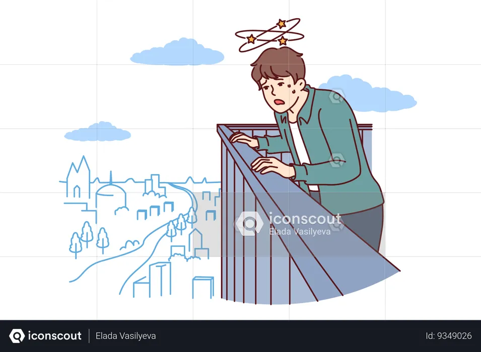 Frightened man with acrophobia and fear of heights looks down from roof of skyscraper  Illustration