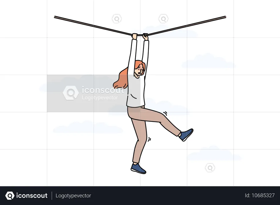 Frightened woman hanging on rope  Illustration