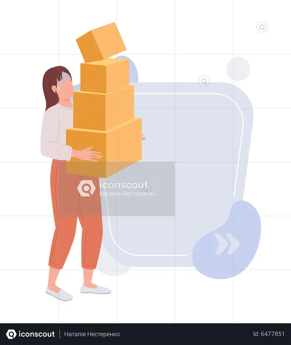 Frightened woman holding large pile of cardboard boxes  Illustration