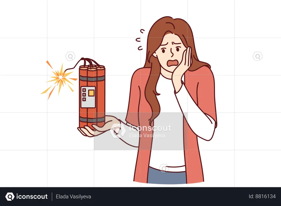 Frightened woman holds dynamite in hands  Illustration