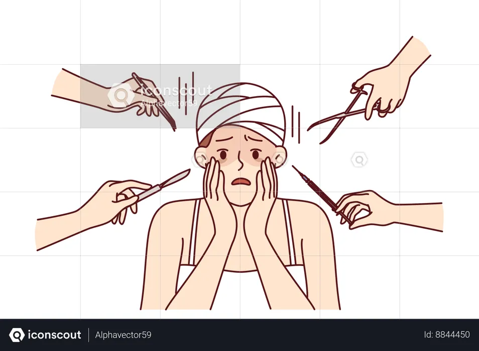 Frightened woman touching face after plastic surgery operation near hands with scalpel and scissors  Illustration