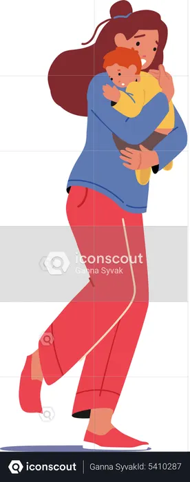 Frightened Woman with Bay on Hands Run  Illustration