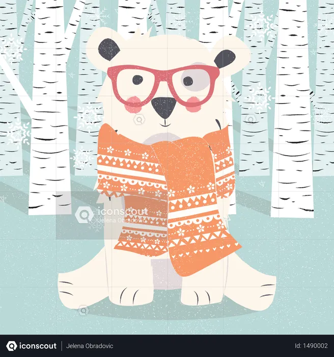 Frohe Weihnachten Postkarte mit Hipster Eisbär im Wald  Illustration