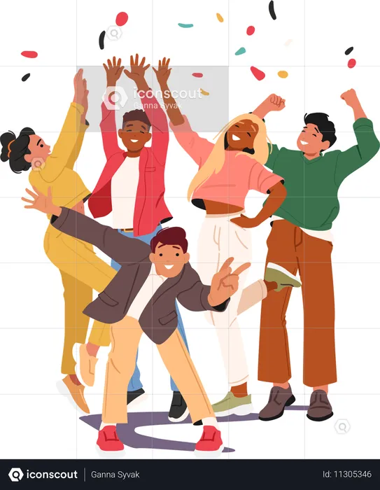 Fröhliche junge Freunde feiern gemeinsam tanzend unter Konfettiregen  Illustration