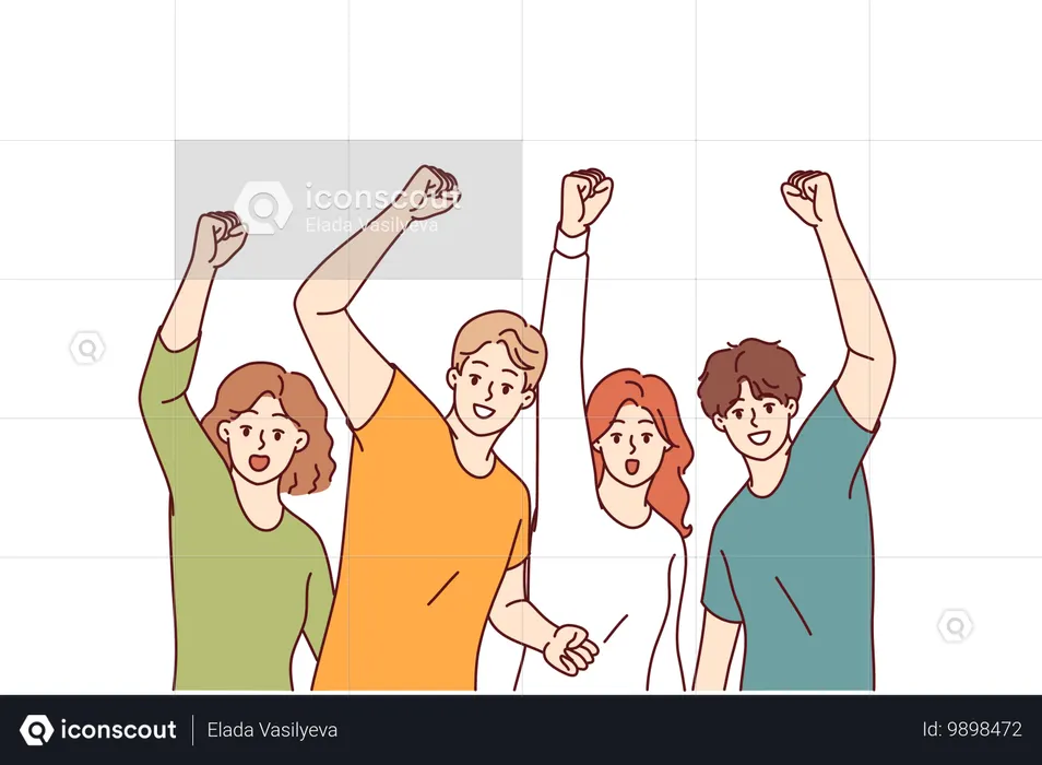Fröhliche Menschen feiern den Sieg, indem sie die Hände heben und freudig schreien, nachdem sie Ziele erreicht haben  Illustration