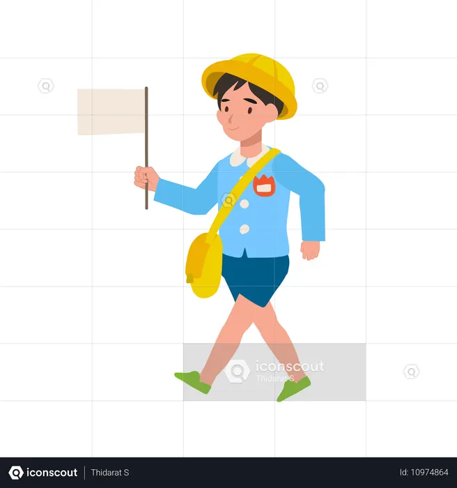 Fröhlicher Kindergartenjunge in Uniform schwenkt Fahne bei einer Schulveranstaltung im Freien  Illustration