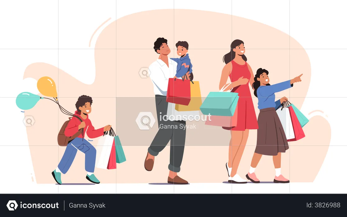 Fröhliches Familien-Shopping  Illustration