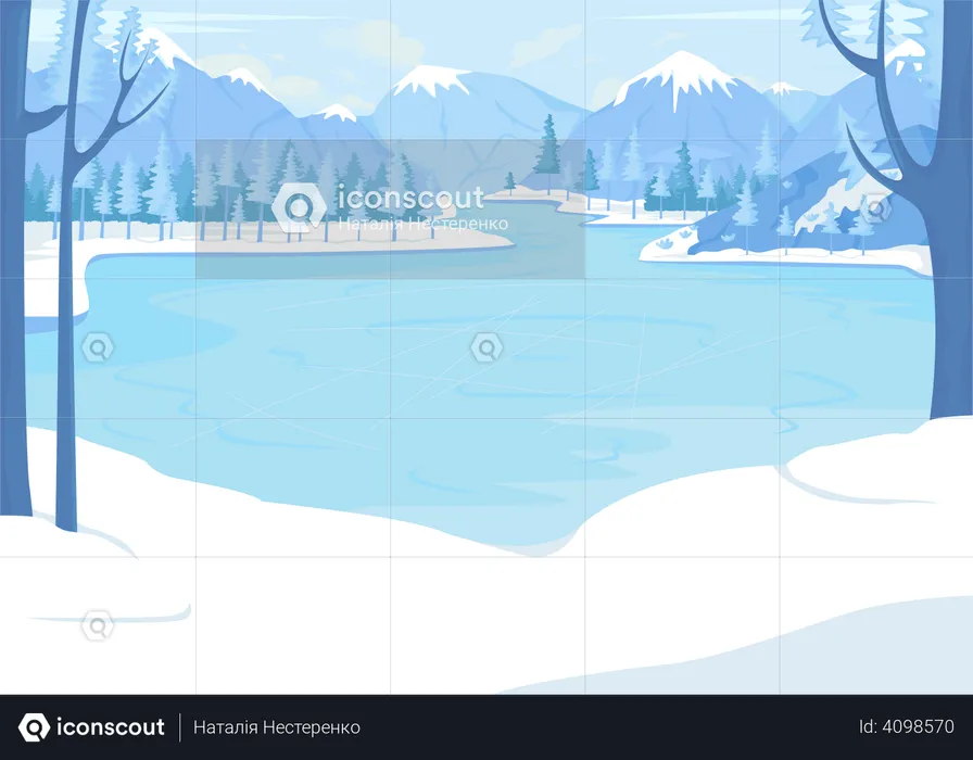 Frozen lake for skating surrounded by mountains  Illustration