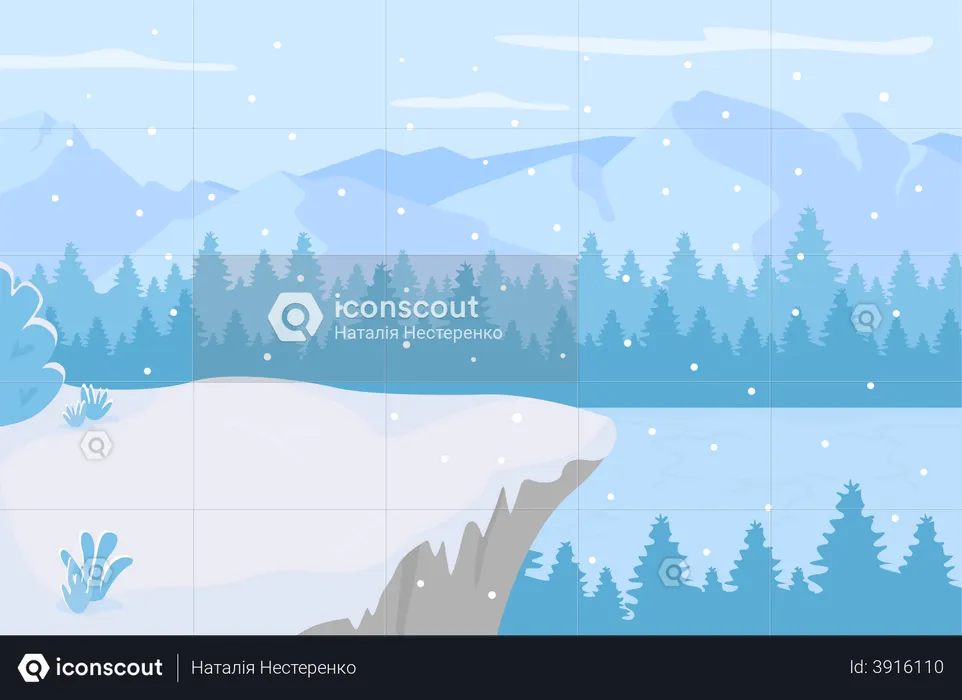 Frozen lake snowfall during daytime  Illustration