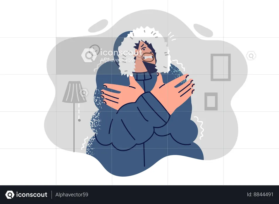 Frozen man in winter jacket is shivering from cold  Illustration