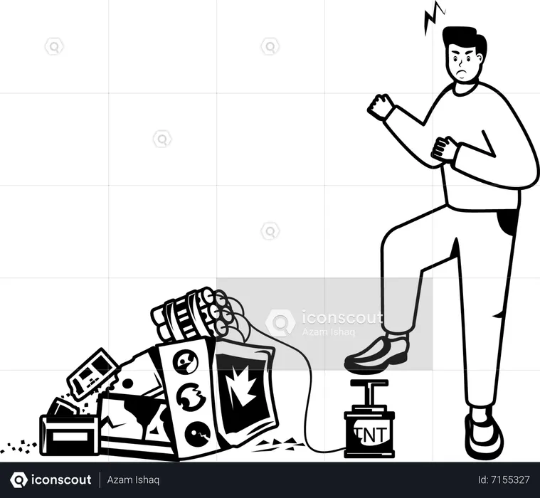 Homem frustrado destrói computador com bomba  Ilustração