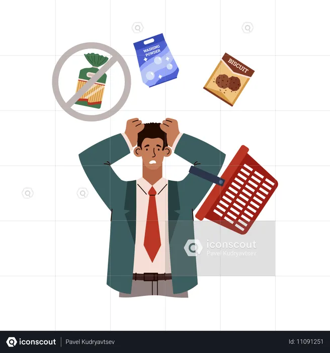 Frustrated and scared man cannot buy food in store  Illustration