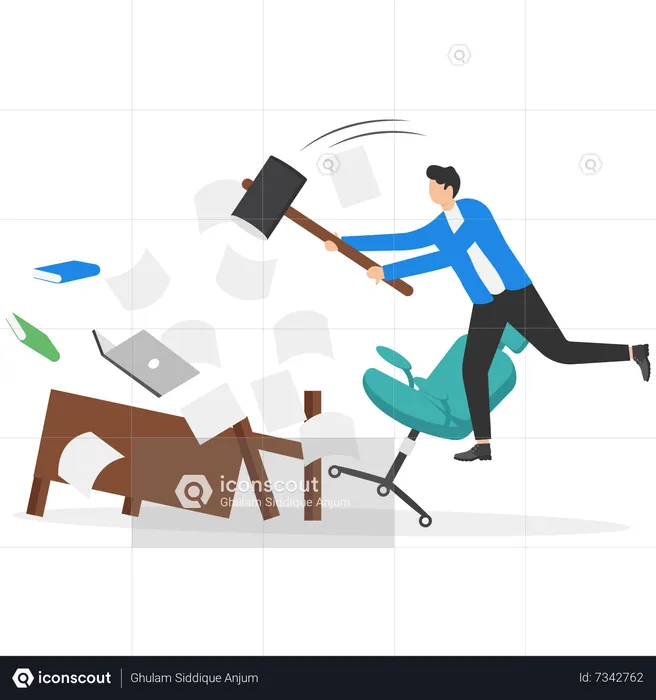 Frustrated businessman hitting to break computer with hammer  Illustration
