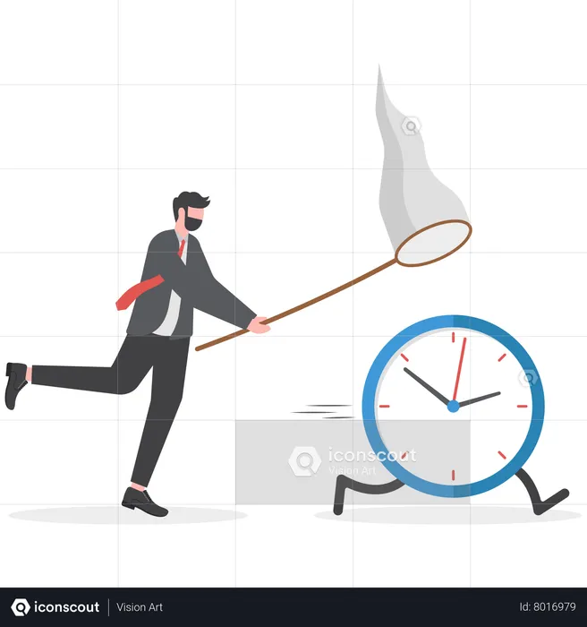Frustrated businessman hurry chasing to catch flying away alarm clock and stop watch  Illustration