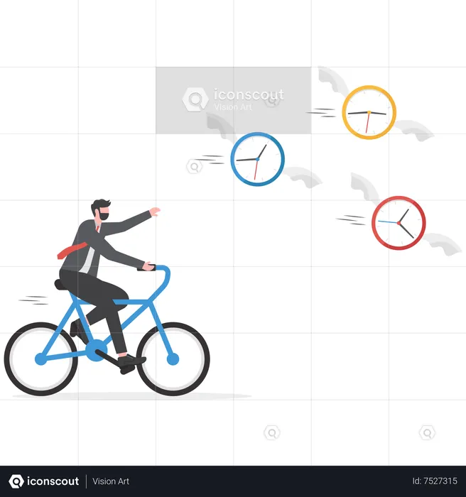Frustrated businessman hurry chasing to catch flying clock and stopwatch  Illustration