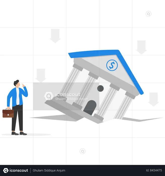 Frustrated businessman look at collapsing bank building  Illustration