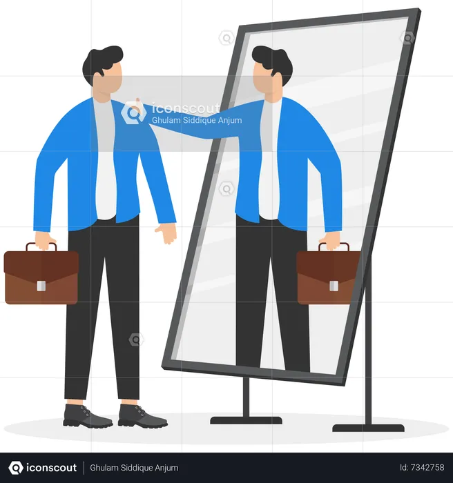Frustrated businessman looking at mirror with his shadow encourages his confidence  Illustration