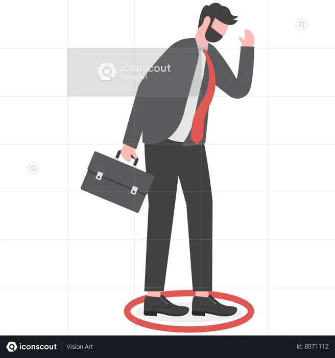 Frustrated businessman standing uncomfortably in small red circle  Illustration