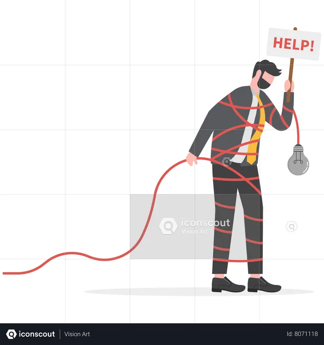 Frustrated businessman with messy line on himself holding help placard with hopelessness  Illustration
