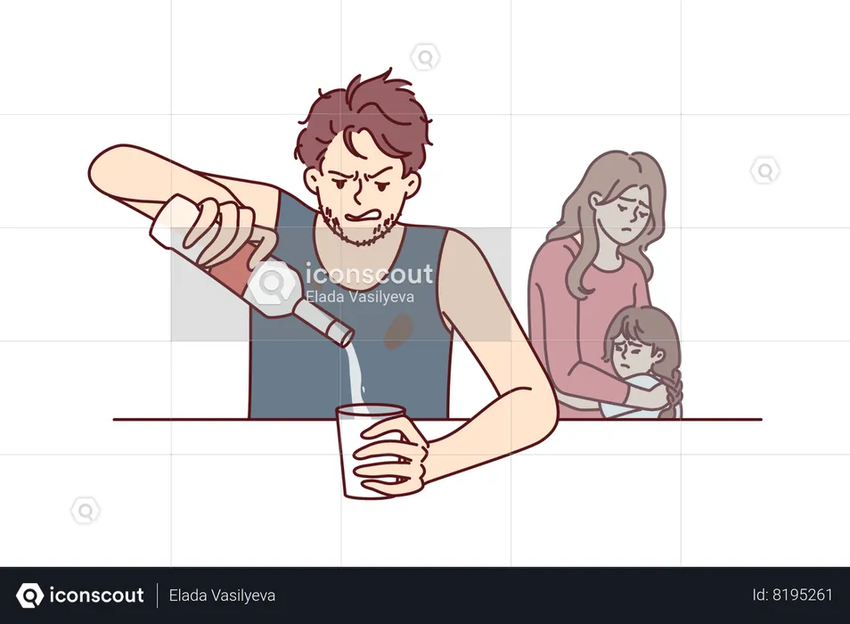 Frustrated father sitting at table drinking vodka and ignoring upset wife and little daughter  Illustration