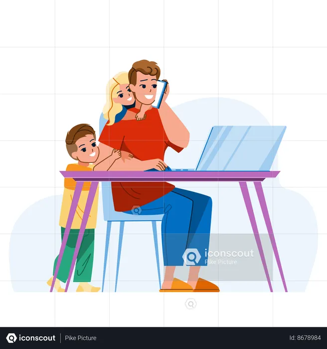 Frustrated father working on laptop  Illustration