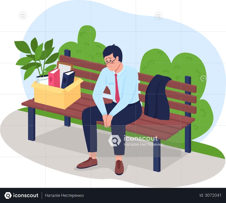 Frustrated fired man sitting on bench  Illustration