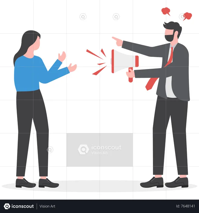 Frustrated male manager yelling at female employee using megaphone  Illustration