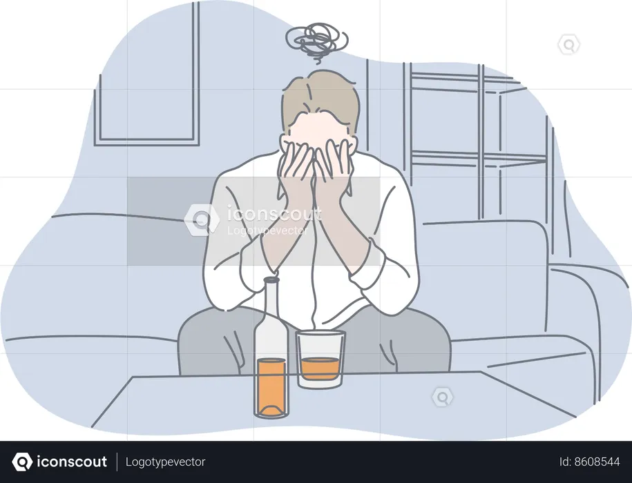 Frustrated man is drinking alcohol  Illustration