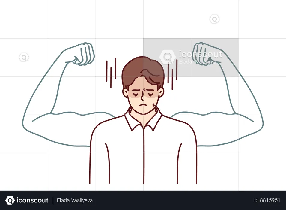 Frustrated man wants to get muscular arms  Illustration