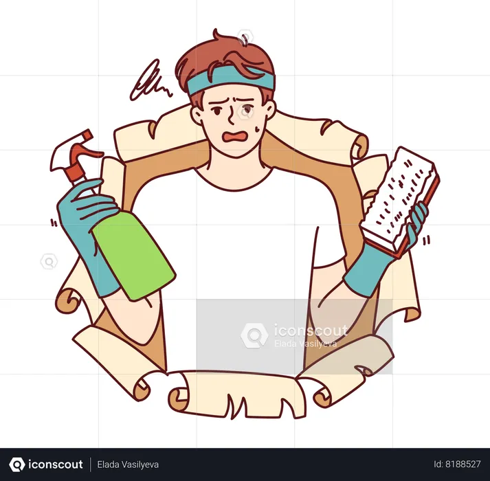 Frustrated man with cleaning brush and bottle filled with chemical detergent that removes stains  Illustration