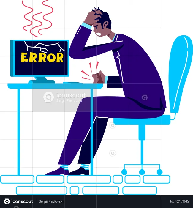 Frustrated office worker sitting at computer with error message on screen  Illustration