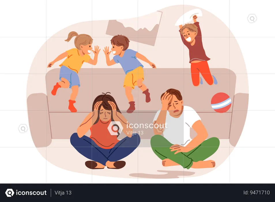 Frustrated parents feel tired and lacking energy due to hyperactive children jumping on sofa  Illustration