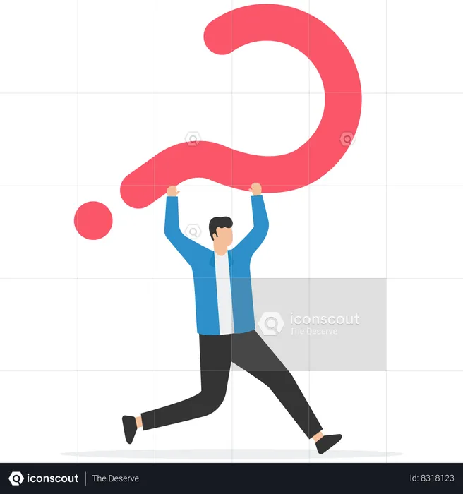 Frustrated tired businessman carrying heavy big question mark sign burden  Illustration