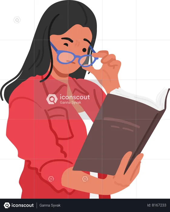 Frustrated Woman In Glasses Squints At Blurred Text  Illustration
