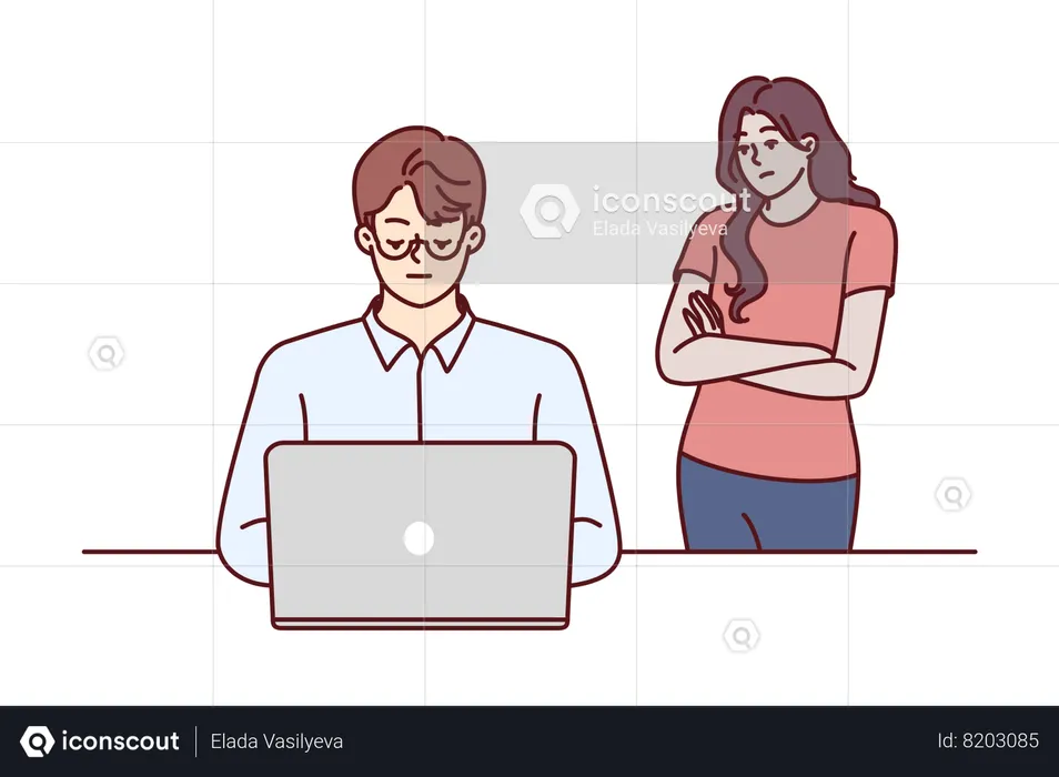 Frustrated woman standing near busy husband  Illustration