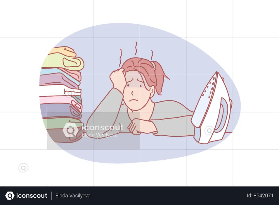 Frustrated woman work loaded with ironing sitting in front of iron and pile of clothes  Illustration