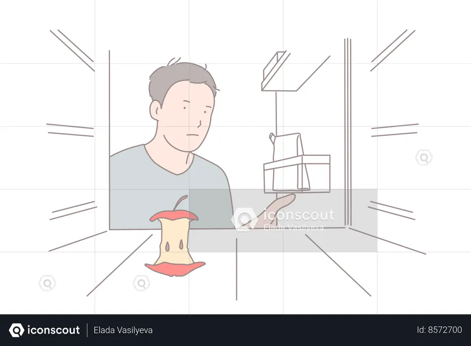 Frustrated young man opening refrigerator door  Illustration