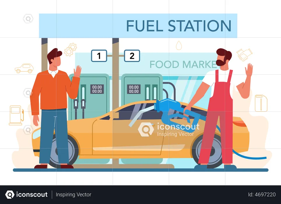 Fuel station worker filling petrol into car  Illustration
